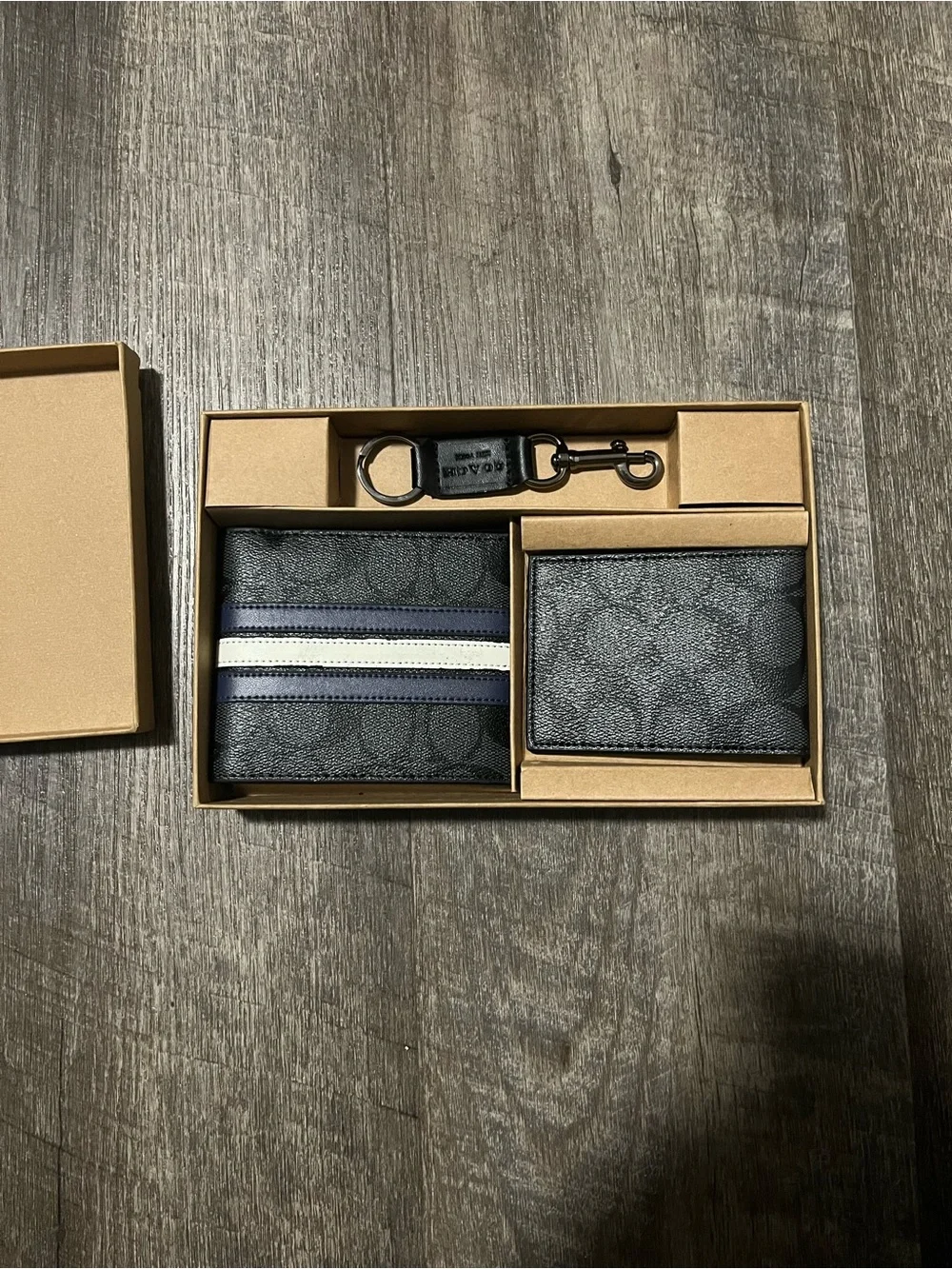 Coach Black Wallet & Card Holder Set with Blue and White Stripe